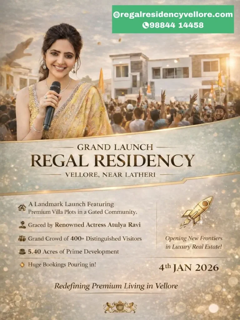 Actress Atulya Ravi interacting with customers during Regal Residency Vellore DTCP approved villa plots launch event
